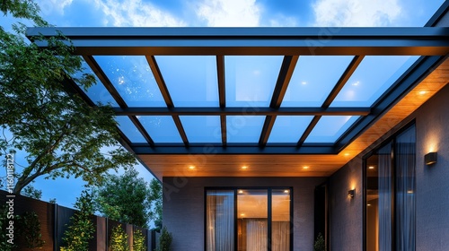 Modern home exterior with glass canopy and warm lighting under a cloudy sky. photo