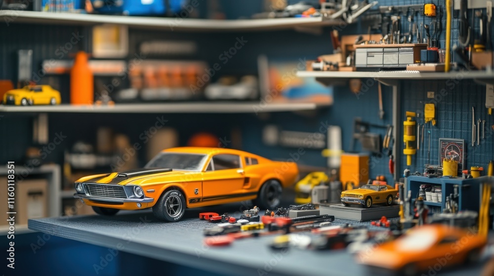 An organized garage model car building station, Kits, tools An organized garage model car building station, Kits, tools