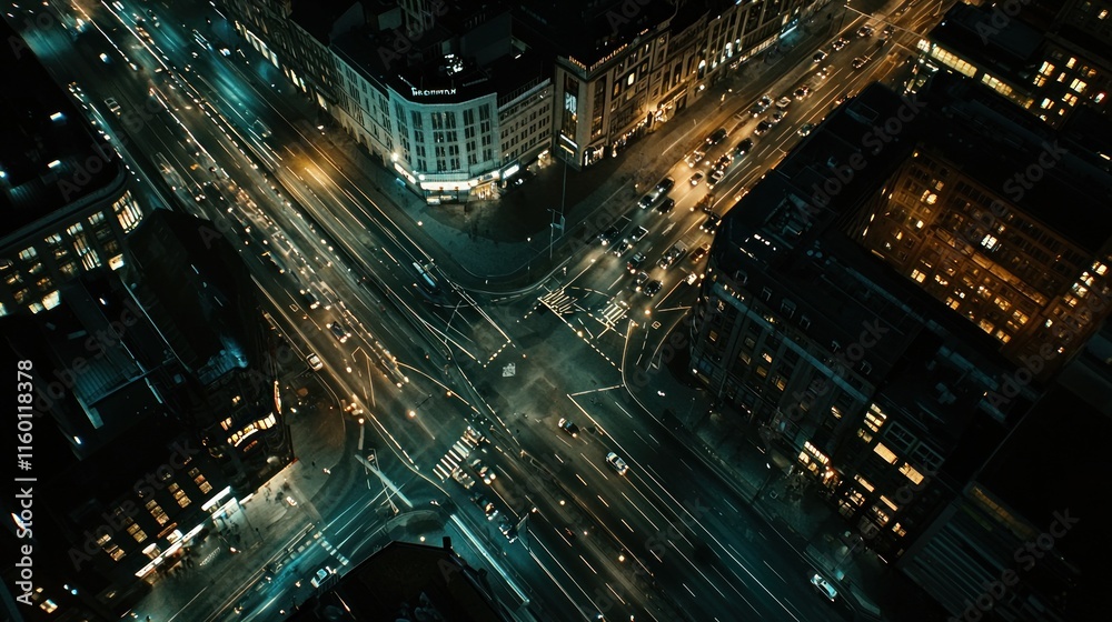 Obraz premium Aerial night view of city intersection with traffic.
