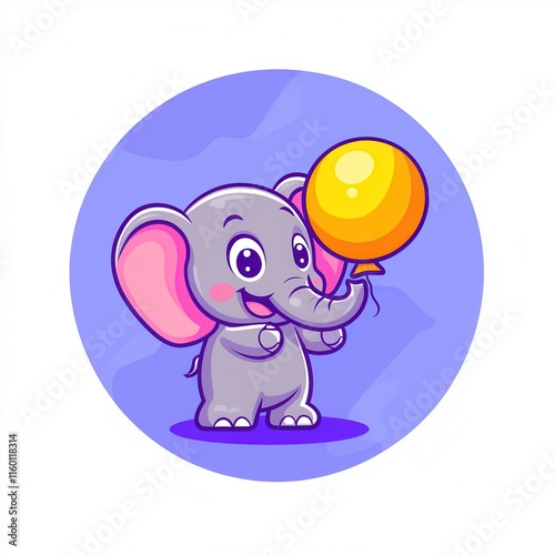 A flat design cartoon vector of a smiling baby elephant holding a glowing balloon with its trunk, set on a pastel blue background for a playful and cheerful aesthetic.  photo