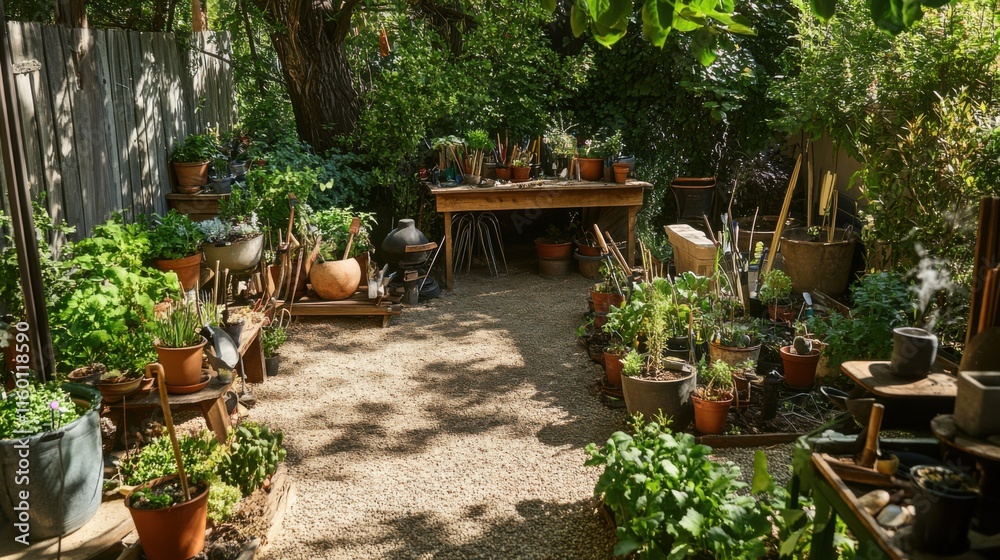 Fototapeta premium An organized gardening area in a lush backyard, Gardening tools and plants arranged meticulously, Whimsical garden style