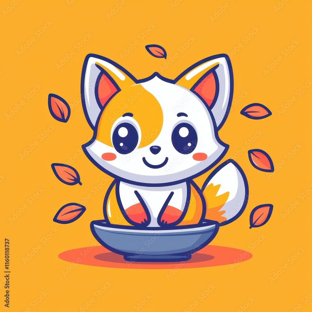 A minimal flat design cartoon vector of a cheerful fox cub with glowing eyes, sitting under falling leaves, set on a pastel orange background for a cozy autumn design. A minimal flat design cartoon vector of a cheerful fox cub with glowing eyes, sitting under falling leaves, set on a pastel orange background for a cozy autumn design.