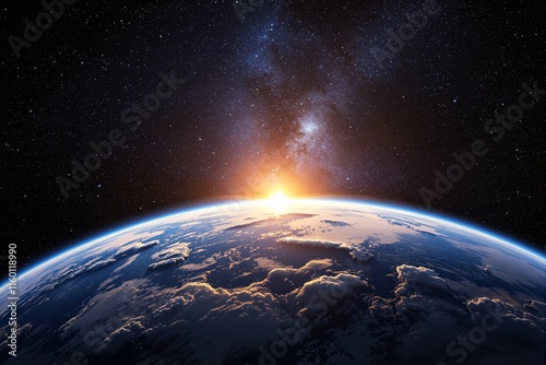 Fototapeta Naklejka Na Ścianę i Meble -  Planet Earth viewed from space, sun rising on the horizon, Milky Way visible, cosmic beauty on dark background, concept of space exploration. Ai generative