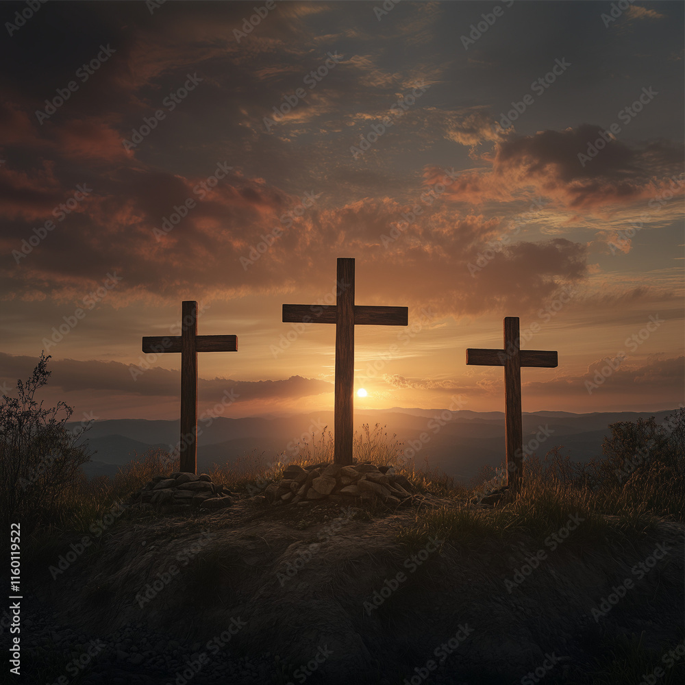 three Wooden Crosses on a hill with sunset three Wooden Crosses on a hill with sunset