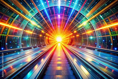 Futuristic Light Burst Tunnel  Worm s Eye View of Colorful Data Flow