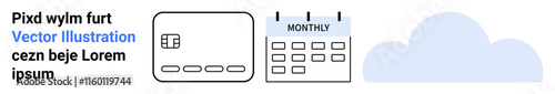 Payment card with chip, monthly calendar, and cloud icon for online shopping and scheduling events. Ideal for financial management, e-commerce, online transactions, personal planning, cloud storage