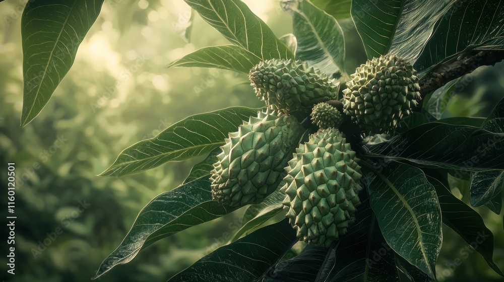 Lush green custard apples on branch. Lush green custard apples on branch.