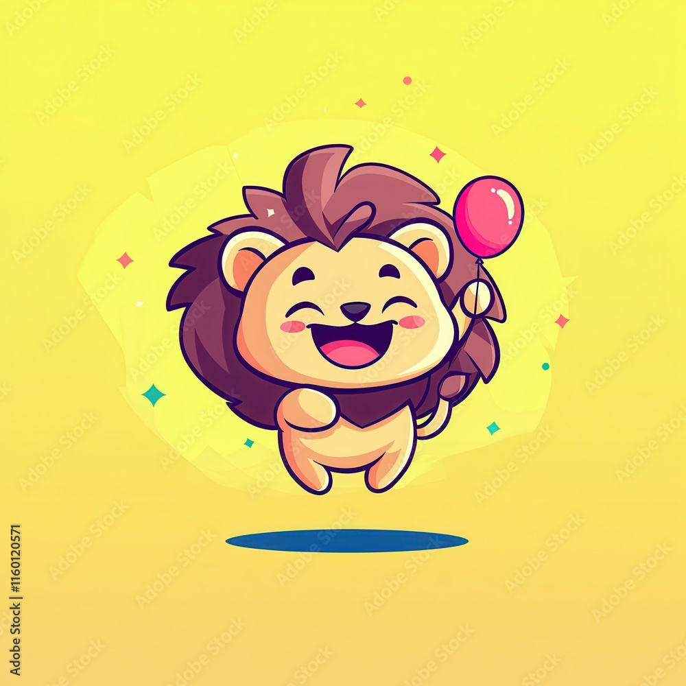 A playful flat design cartoon vector of a smiling lion cub with a glowing mane, holding a tiny balloon, surrounded by sparkles, set on a pastel orange background for a fun and endearing design. A playful flat design cartoon vector of a smiling lion cub with a glowing mane, holding a tiny balloon, surrounded by sparkles, set on a pastel orange background for a fun and endearing design.