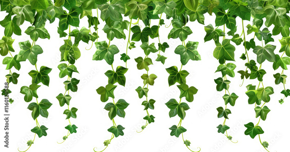A cascading arrangement of green ivy leaves on a white background. A cascading arrangement of green ivy leaves on a white background.