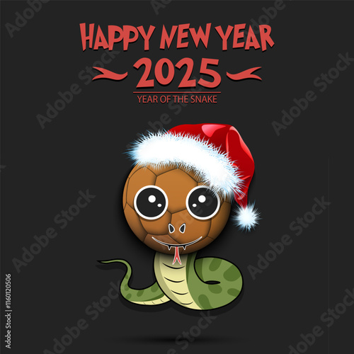 Happy New year. 2025 year of the snake. Cute muzzle snake in the form of a handball ball. Handball ball in the form of a snake. Greeting card design template. Vector illustration