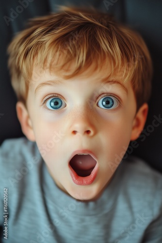 A surprised young boy with wide blue eyes and an open mouth, expressing shock or amazement. He has light brown hair and is wearing a gray shirt. Young boy depicts to be surprised.