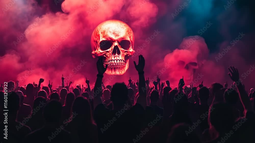 High-resolution photo of an audience cheering in front of colorful lights at the concert stage with smoke and fireworks. Beautiful crowd silhouettes having fun