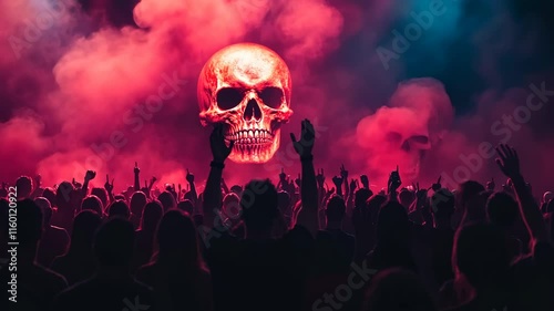 High-resolution photo of an audience cheering in front of colorful lights at the concert stage with smoke and fireworks. Beautiful crowd silhouettes having fun