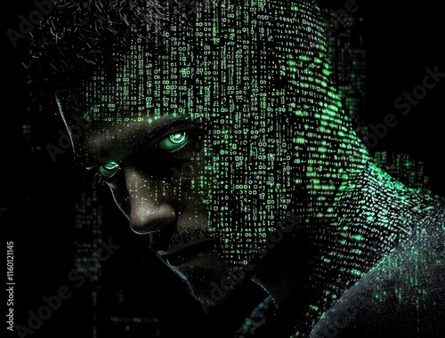 Dramatic representation of a hacker, embodying the digital age.