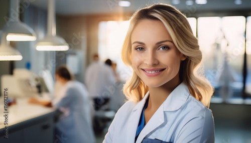 Portrait of smiling female scientist or doctor in laboratory setting