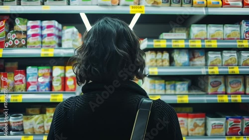 Woman shopping in a grocery store, viewed from behind the woman's back, with shelves of products in the background. A young adult is standing at a supermarket shelf, 
