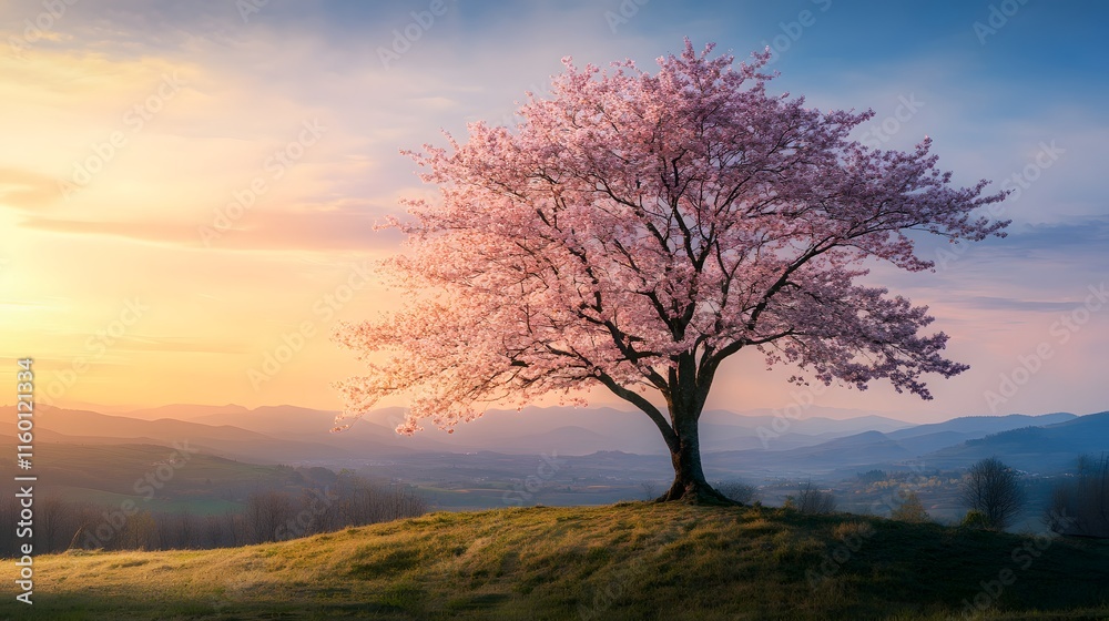 A magnificent and beautiful cherry blossom tree standing alone, with a beautiful view A magnificent and beautiful cherry blossom tree standing alone, with a beautiful view