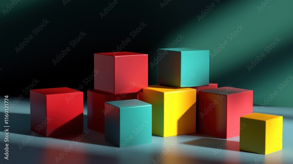 Colorful Cubes Abstract Composition: A Playful Arrangement of Red, Yellow, and Teal Blocks in a Dark Studio Setting. Colorful Cubes Abstract Composition: A Playful Arrangement of Red, Yellow, and Teal Blocks in a Dark Studio Setting.