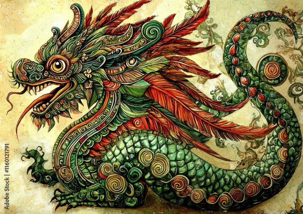Fototapeta premium Stunning illustration depicting Quetzalcoatl, the feathered serpent of ancient Aztec mythology.