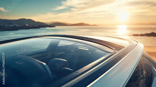 A car's sunroof with a scenic sunset over the ocean in the background.