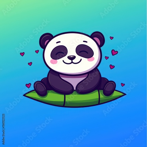 A colorful flat design vector of a joyful panda lying on glowing bamboo leaves, surrounded by tiny hearts, set on a pastel green and blue gradient background for a cute and serene design.  photo