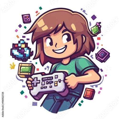 A cheerful character holding a game controller, surrounded by colorful game elements. photo