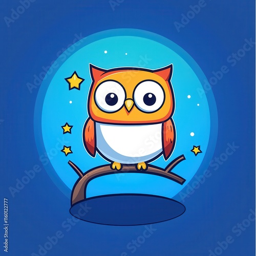 A flat design cartoon vector of a cheerful owl perched on a glowing tree branch under a pastel moonlit sky, surrounded by tiny stars, set on a pastel blue background for a whimsical night theme.  photo