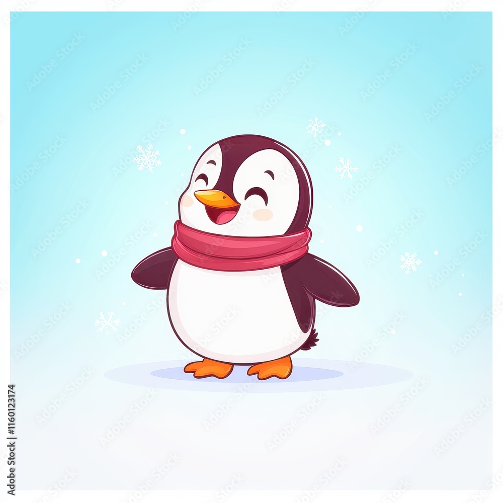 Fototapeta premium A flat design cartoon vector of a happy penguin wearing a glowing scarf, sliding on sparkling ice, surrounded by tiny snowflakes, set on a pastel blue and white background for a frosty winter 