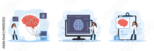 Neurologist concept. Female Doctor diagnosis and monitors treatment of Brain diseases. Research scientist. Neurology or Neuroscience. Set of Vector illustrations in flat cartoon style.