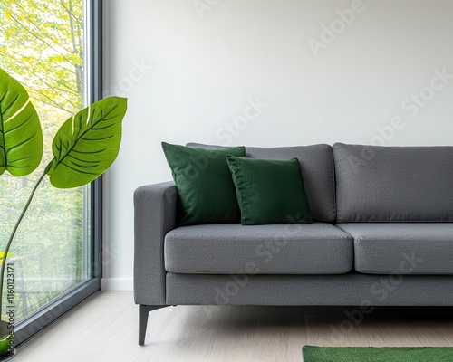 Luxurious grey sectional sofa in a living room with sleek modern decor and floortoceiling windows, sofa, charming and contemporary photo