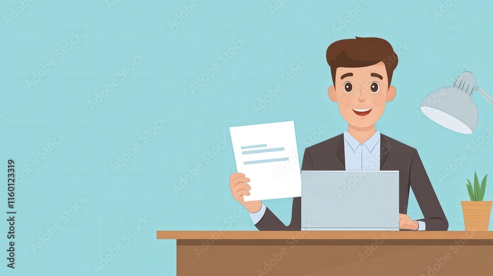 Professional Young Man in Smart Outfit Sitting at Desk, Holding Document and Working on Laptop in Modern Office Environment with Blue Background Professional Young Man in Smart Outfit Sitting at Desk, Holding Document and Working on Laptop in Modern Office Environment with Blue Background