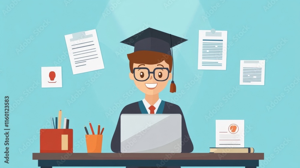 Cheerful Student with Graduation Cap Working on Laptop Surrounded by Papers and Stationery in a Bright Study Environment Cheerful Student with Graduation Cap Working on Laptop Surrounded by Papers and Stationery in a Bright Study Environment