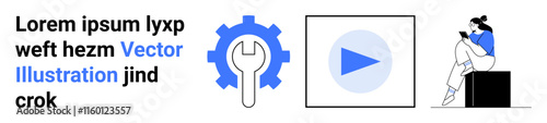 Man reading on a smartphone while sitting. Nearby a gear icon, play button, dummy text. Line metaphor. Simple line icons