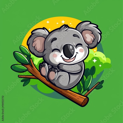 A flat design cartoon vector of a joyful koala cub hugging a glowing eucalyptus branch, surrounded by sparkles, set on a pastel green background for a tranquil and adorable design.  photo