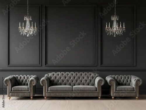 Plush grey velvet sofa with gold legs, surrounded by chic decor and a crystal chandelier in a charming living room, sofa, luxurious and elegant photo