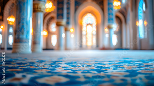 Ornate Mosque Interior with Blue Carpets and Glowing Chandeliers : Generative AI