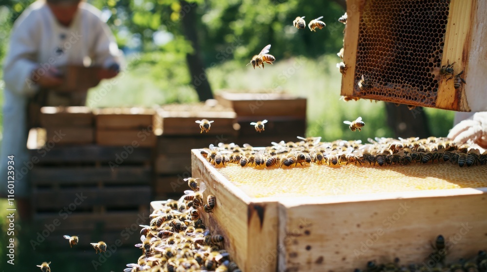 A bustling beekeeping apiary with honeycombs and beekeeping tools, Bees buzzing around their hives, Naturalistic agricultural style