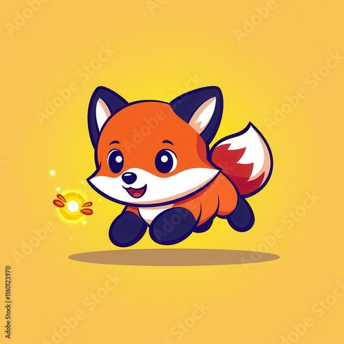 A flat design cartoon vector of a playful baby fox chasing a glowing firefly, surrounded by tiny glowing mushrooms, set on a pastel orange background for a whimsical and magical theme.  photo