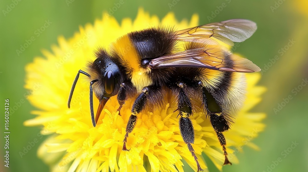 A fuzzy bumblebee collects pollen from a bright yellow dandelion. Perfect for nature, spring, or environmental themes. A fuzzy bumblebee collects pollen from a bright yellow dandelion. Perfect for nature, spring, or environmental themes.