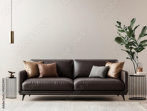 Dark brown leather sofa in a modern living room with sleek decor and gold accents, sofa, luxurious and contemporary photo