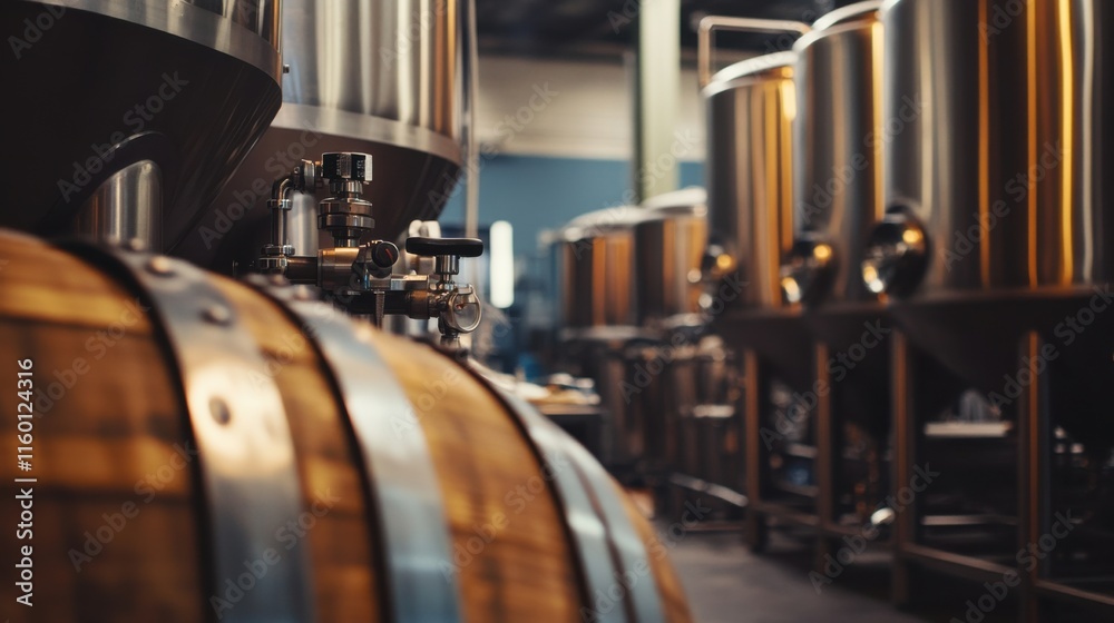 Obraz premium A bustling brewery with brewing equipment and barrels, Craft beer brewing in progress, Artisanal brewery style