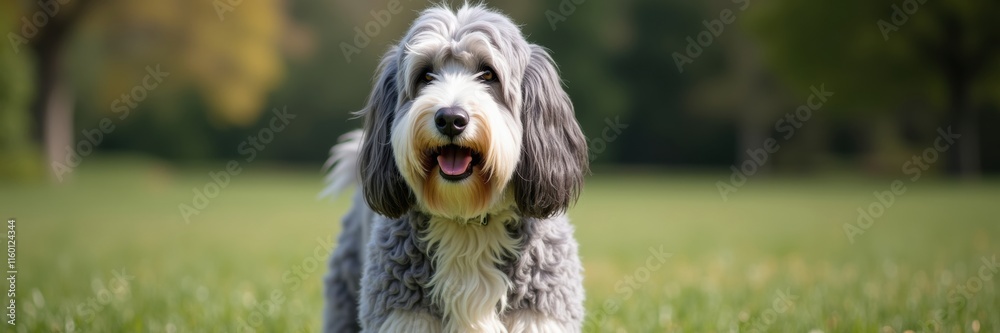 Cheerful Old English Sheepdog with a friendly expression stands in a vibrant green park perfect for pet lovers and dog themed designs or a heartwarming greeting card Cheerful Old English Sheepdog with a friendly expression stands in a vibrant green park perfect for pet lovers and dog themed designs or a heartwarming greeting card