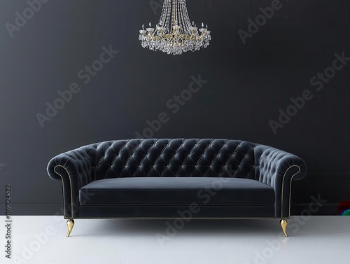 Plush grey velvet sofa with gold legs in a living room with chic decor and crystal chandeliers, sofa, luxurious and charming photo