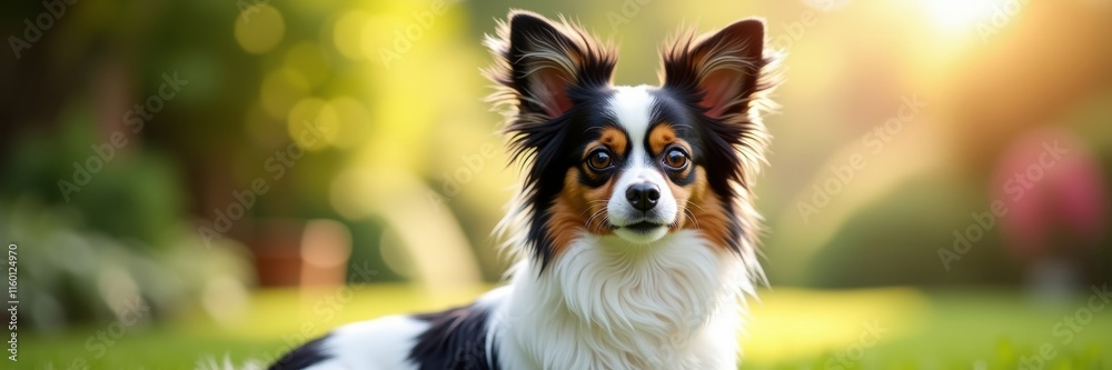 Adorable Papillon dog portrait with expressive eyes set against a dreamy bokeh background perfect for pet lovers or heartwarming wall art adding a touch of canine charm Adorable Papillon dog portrait with expressive eyes set against a dreamy bokeh background perfect for pet lovers or heartwarming wall art adding a touch of canine charm