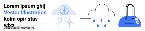 Brain with circuits, cloud with raindrops, shopping bag with tag, and text elements. Ideal for AI, weather, retail, shopping technology innovation finance marketing themes. Landing page