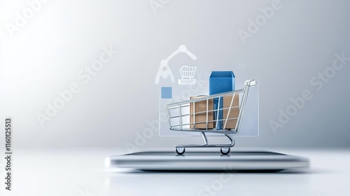 online shopping  cart  personalized concept. A digital shopping cart with packages is displayed on a tablet, symbolizing online shopping and e-commerce.