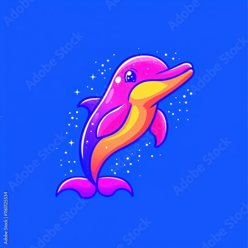 A minimal flat design cartoon vector of a smiling baby dolphin jumping out of glowing waves, surrounded by tiny sparkles, set on a pastel aqua background for a lively oceanic theme.  photo