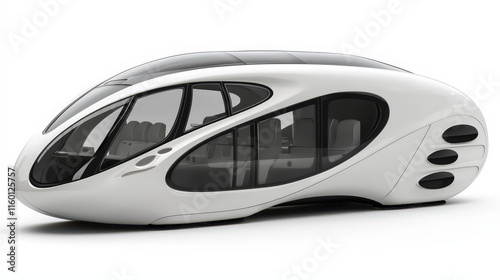 A modern, sleek white bus designed for long-distance travel, featuring large tinted windows and a streamlined body. The bus is shown from a slight angle to highlight its aerodynamic shape and spacious