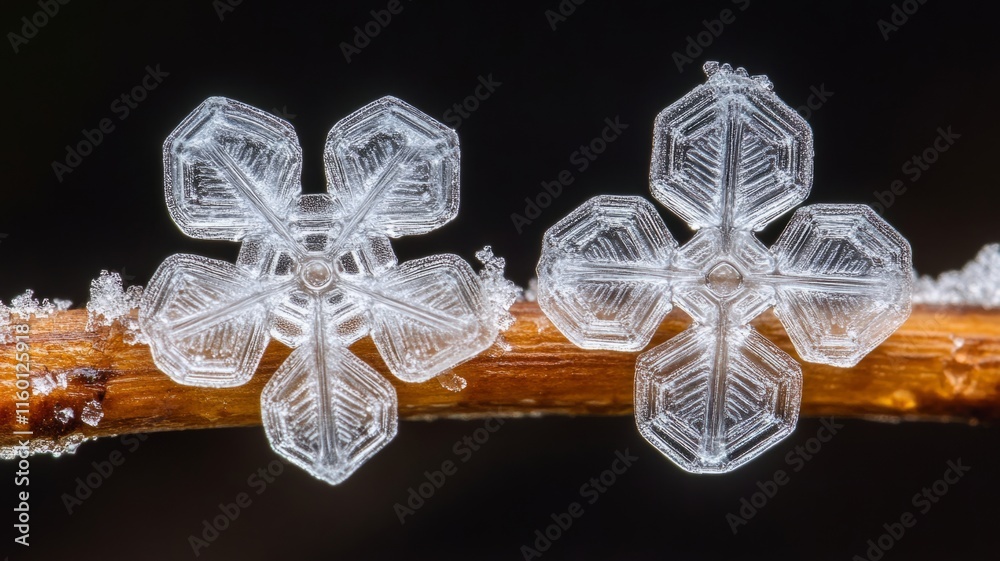 Fototapeta premium Two Intricate Ice Crystals Resting On A Branch