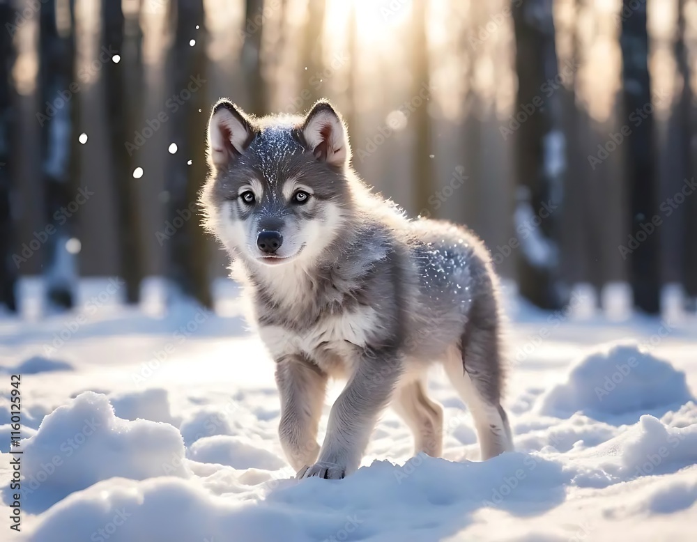 Naklejka premium Adorable Husky Puppy Plays in Snowy Winter Forest